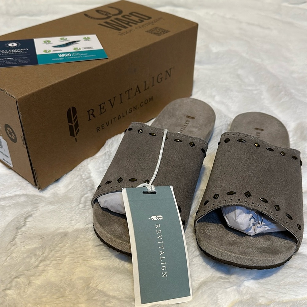 REVITALIGN Gray Studded Slide Sandals